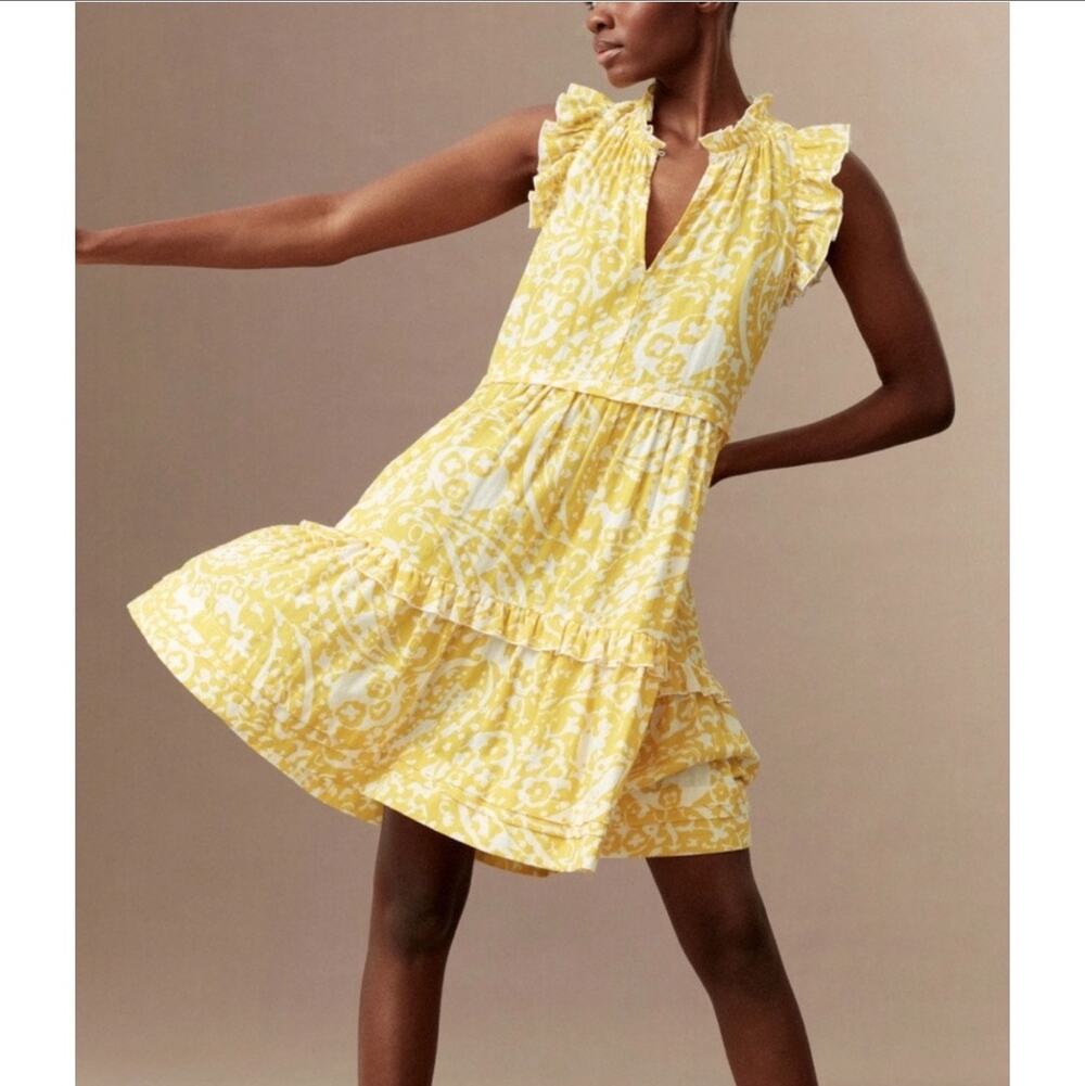 ME+EM Bold Paisley Print Frill Swing Tiered Dress Yellow Size 12